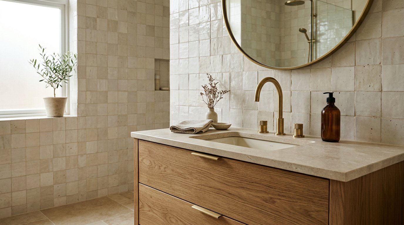 Calm spa-like bathroom with handmade tile