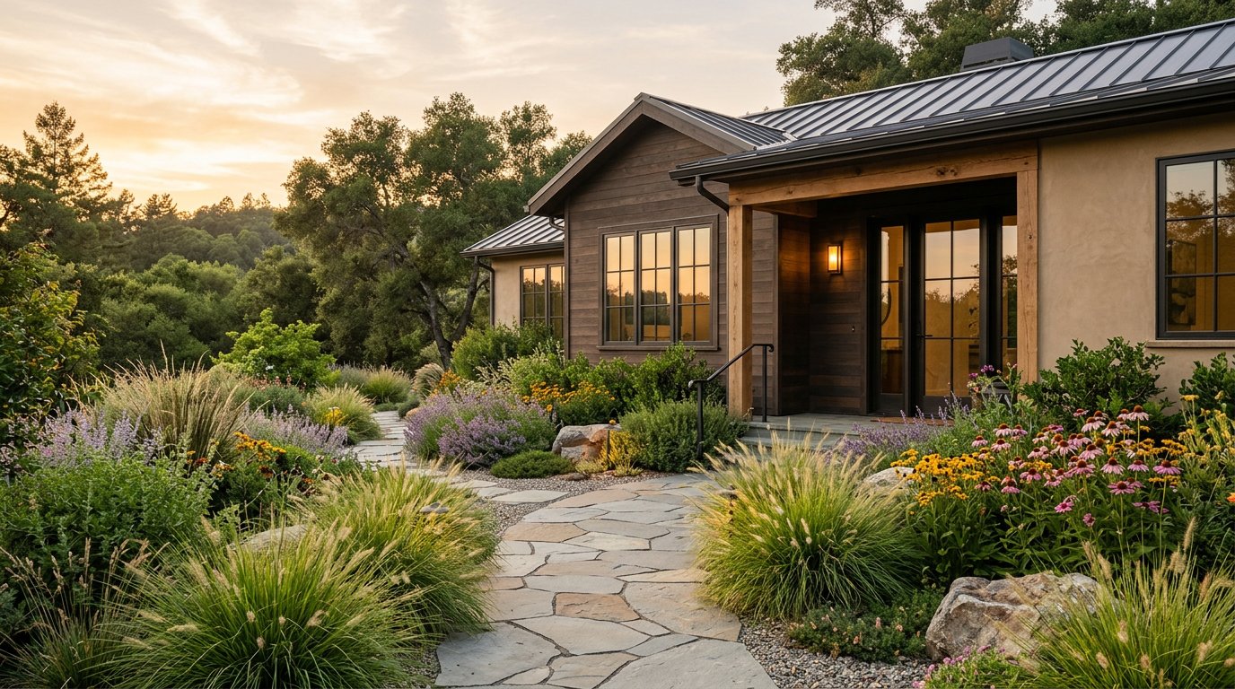 Renovated home exterior surrounded by planting
