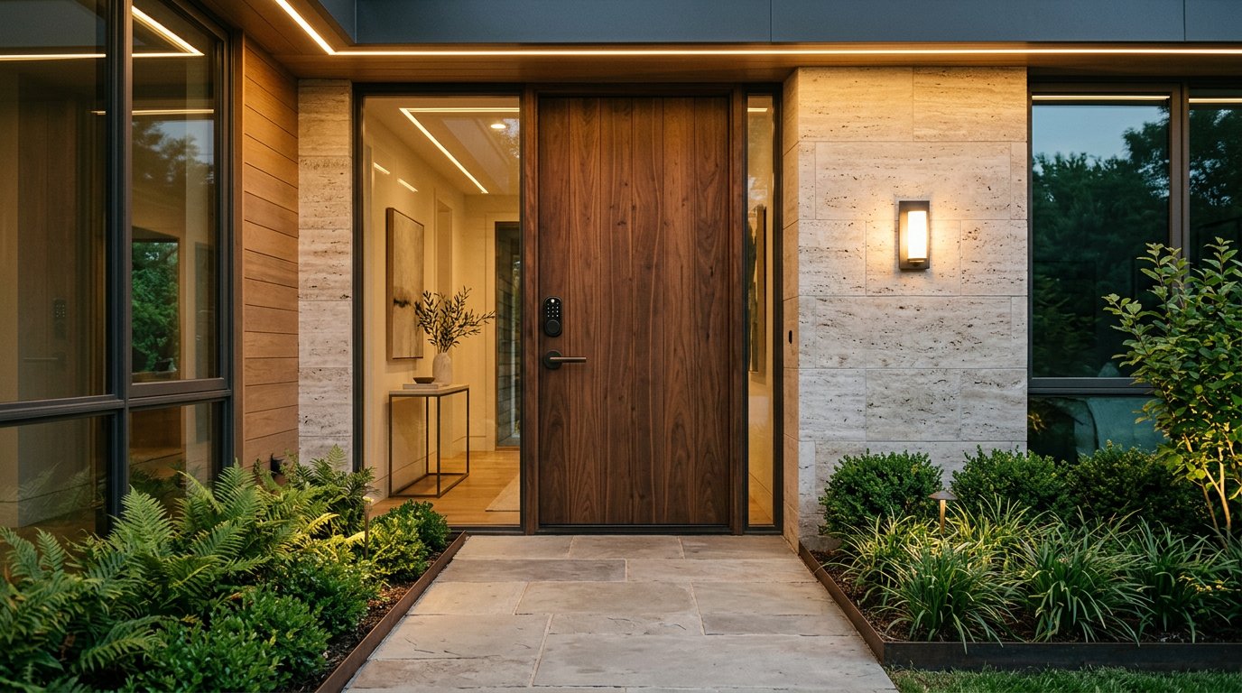 Contemporary entryway with a smart door lock